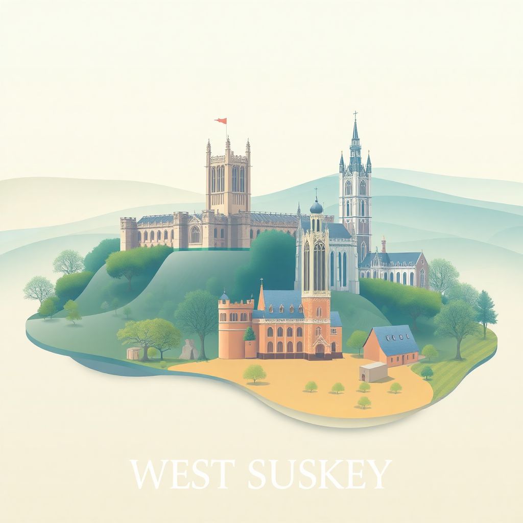 Ultra-high-definition gradient illustration style West Sussex illustration, showing the unique charm of Arundel Castle, Chichester Cathedral, and the South Downs National Park.