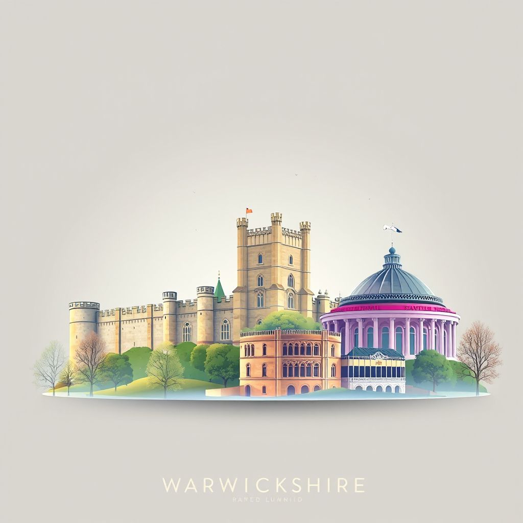 Ultra-high-definition gradient illustration style Warwickshire artwork, featuring Warwick Castle and the Royal Shakespeare Theatre.