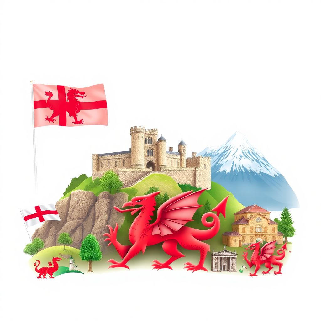 Ultra-high-definition gradient illustration style Wales illustration, showing the unique charm of Caernarfon Castle, Snowdonia National Park, and the Welsh flag.