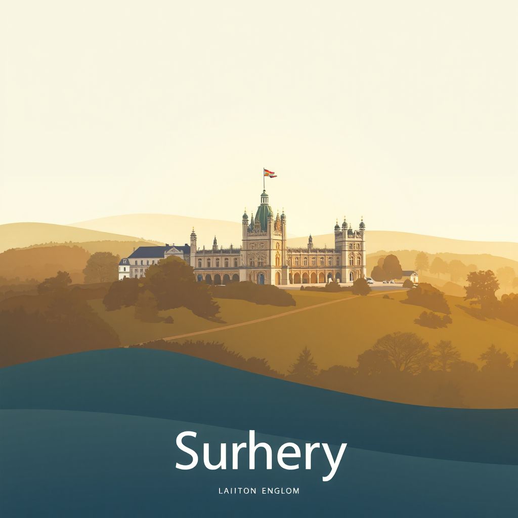 Ultra-high-definition gradient illustration style Surrey illustration, showcasing Hampton Court Palace, and the scenic Surrey Hills.