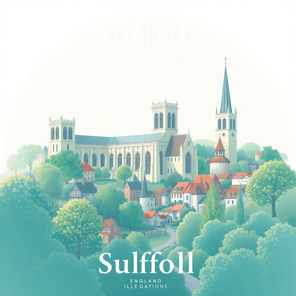 Ultra-high-definition gradient illustration style Suffolk illustration, showing the unique charm of Bury St Edmunds Abbey and the historic town of Lavenham.