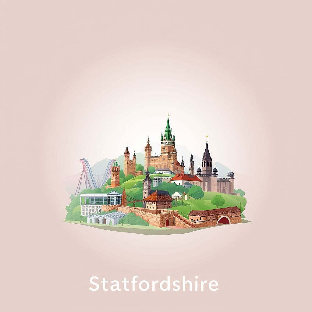 Ultra-high-definition gradient illustration style artwork of Staffordshire, featuring Alton Towers, the Staffordshire Hoard, and Staffordshire oatcakes.