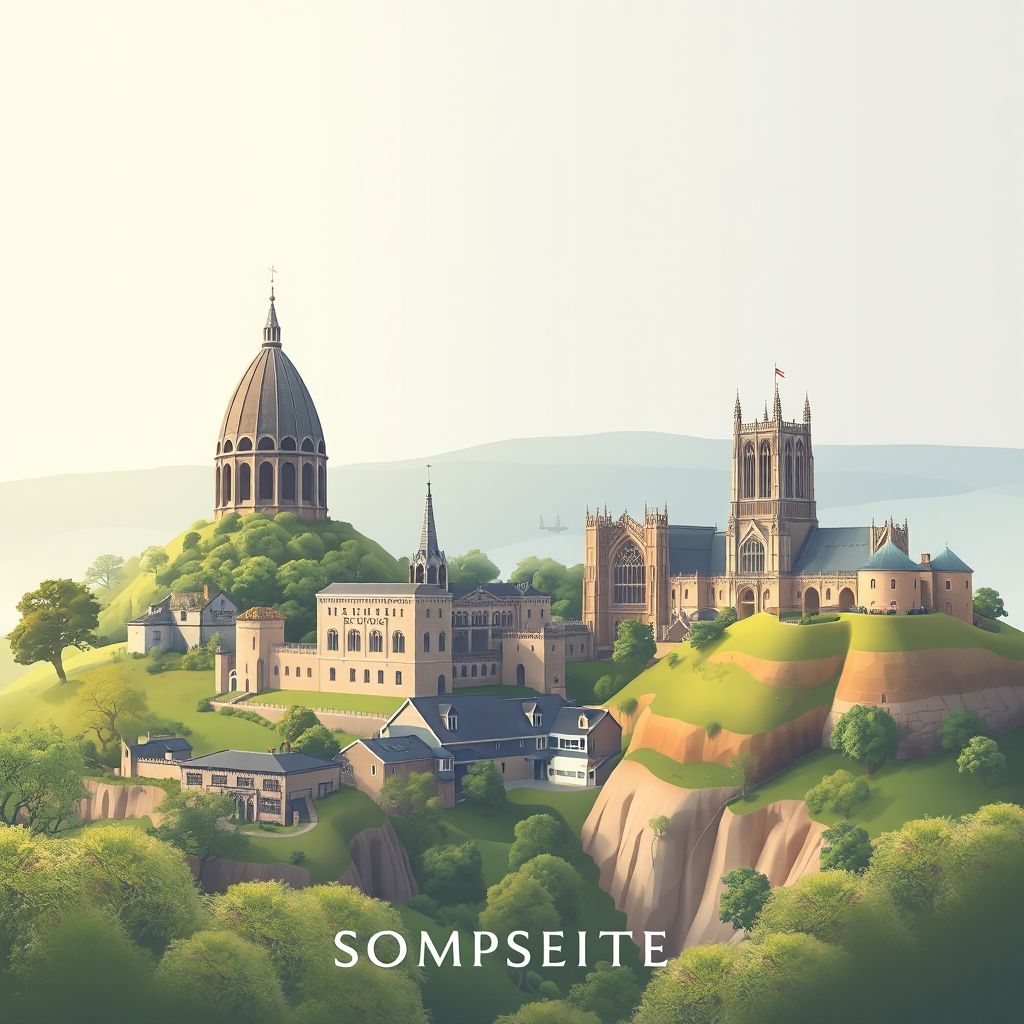 Ultra-high-definition gradient illustration style Somerset illustration, showing the unique charm of the Glastonbury Tor, Wells Cathedral, and Cheddar Gorge.