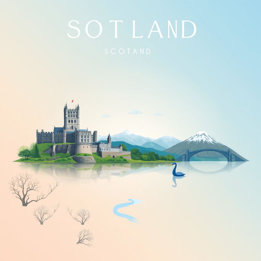 Ultra-high-definition gradient illustration style Scotland illustration, showing the unique charm of Edinburgh Castle, Loch Ness, and the Scottish Highlands.