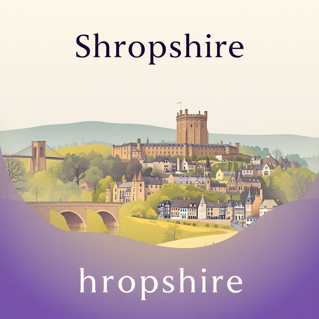 Ultra-high-definition gradient illustration style Shropshire depiction, featuring the Iron Bridge, Ludlow Castle, and Shrewsbury.