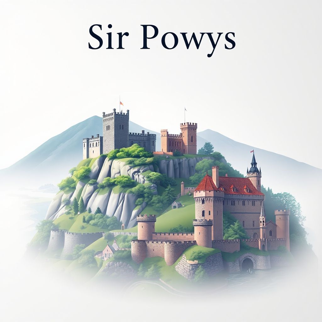 Ultra-high-definition gradient illustration style Sir Powys, showing the unique charm of Powis Castle, Elan Valley, and Montgomery Castle.