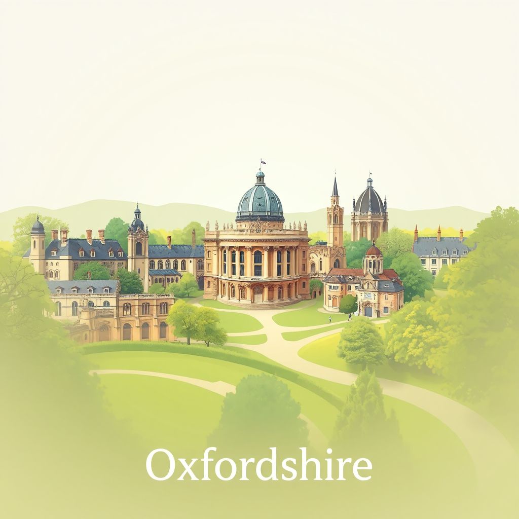 Ultra-high-definition gradient illustration of Oxfordshire featuring Blenheim Palace, University of Oxford, and Cotswolds landscape.