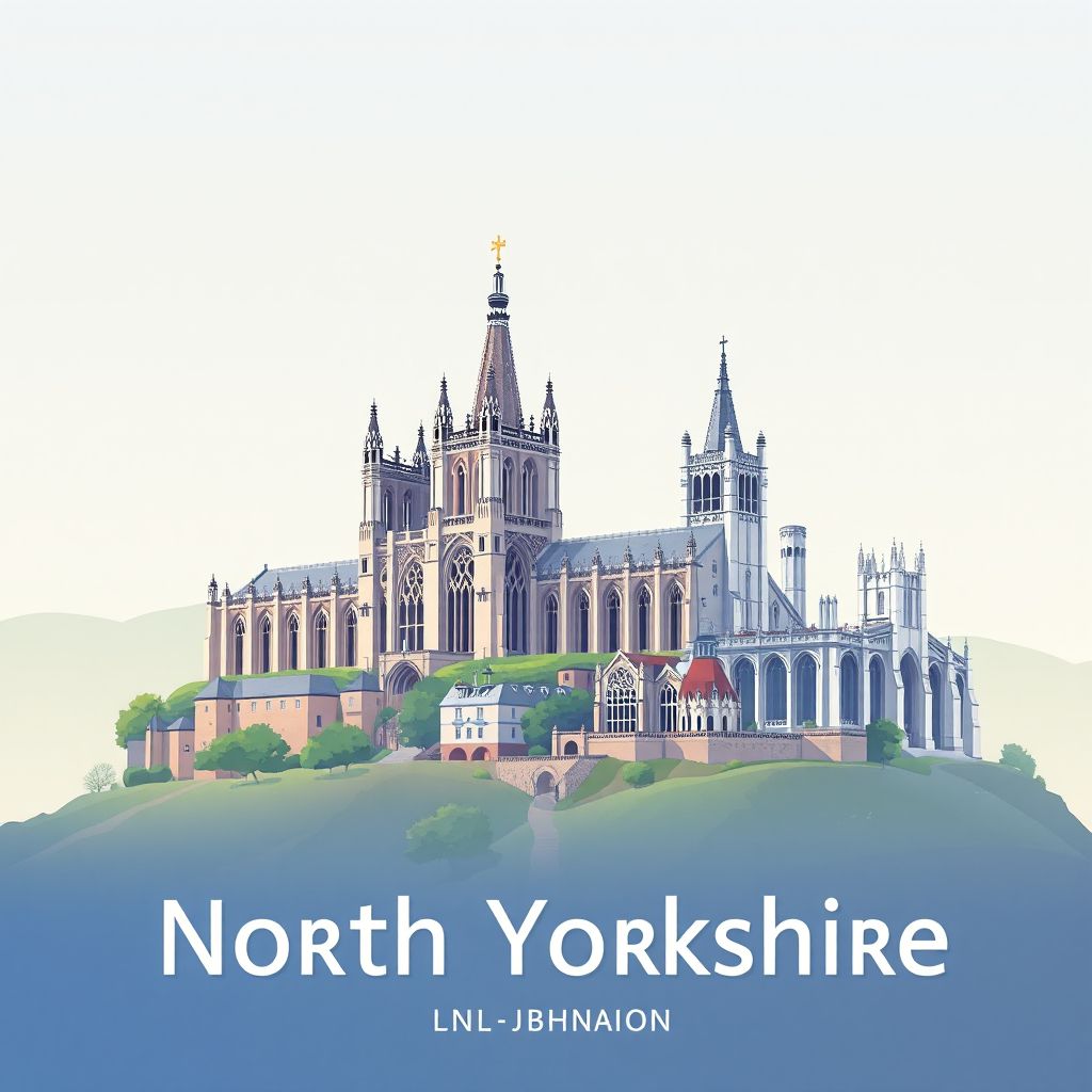 Ultra-high-definition gradient illustration style North Yorkshire illustration, featuring York Minster, the North York Moors, and Whitby Abbey.