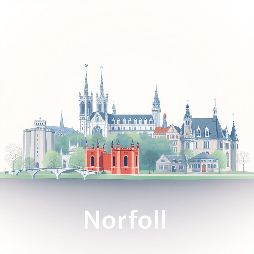 Ultra-high-definition gradient illustration style Norfolk illustration, showing the unique charm of Norwich Castle, the Norfolk Broads, and Holkham Hall.