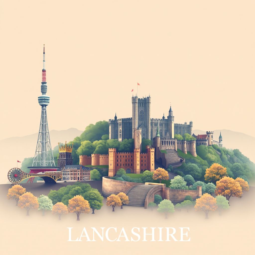 Ultra-high-definition gradient illustration style Lancashire illustration, showing the unique charm of the Blackpool Tower, Lancaster Castle, and the Forest of Bowland.