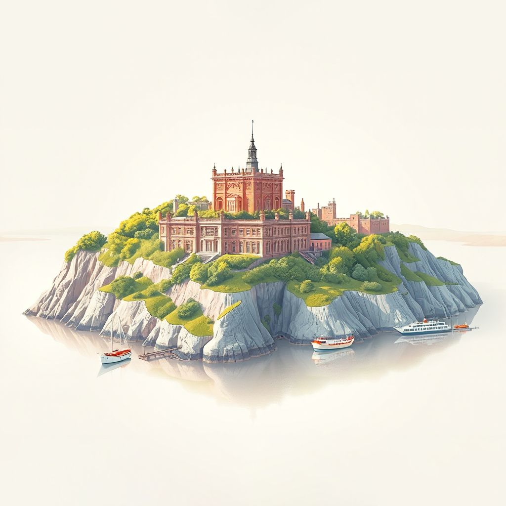 Ultra-high-definition gradient illustration of the Isle of Wight, featuring Osborne House, The Needles, and natural beauty.