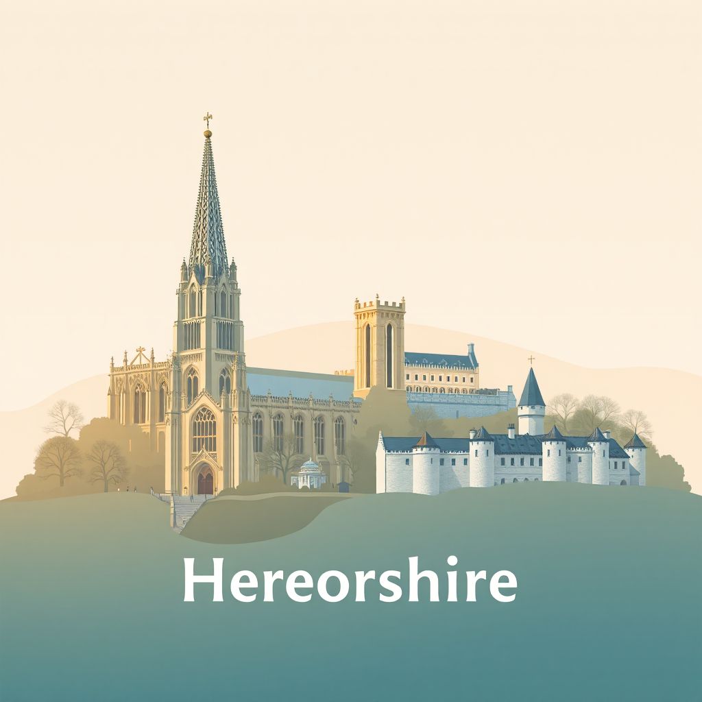 Ultra-high-definition gradient illustration style Herefordshire illustration, showing the unique charm of Hereford Cathedral, Eastnor Castle, and cider.