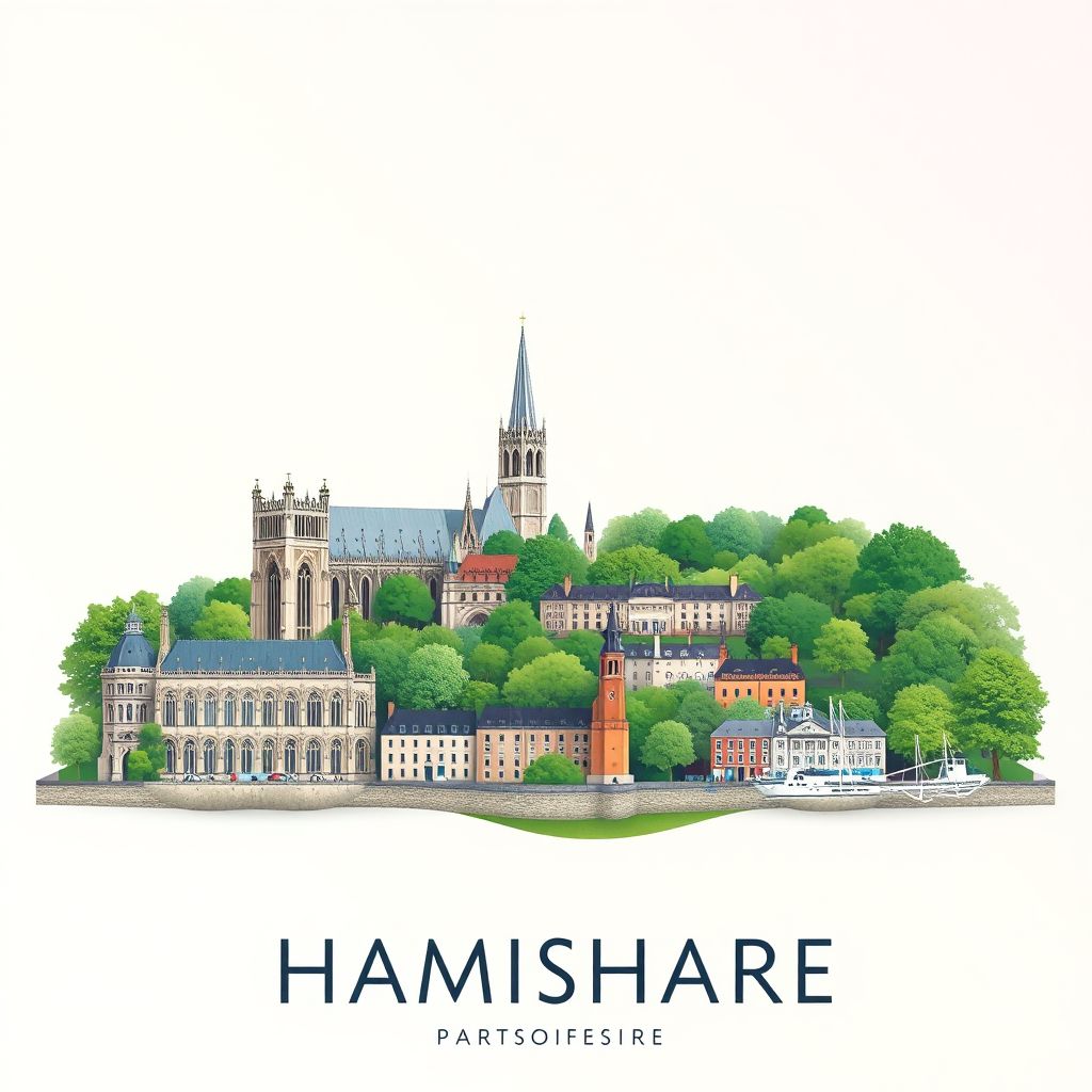 Ultra-high-definition gradient illustration style Hampshire illustration, showing the unique charm of Winchester Cathedral, the New Forest, and Portsmouth.