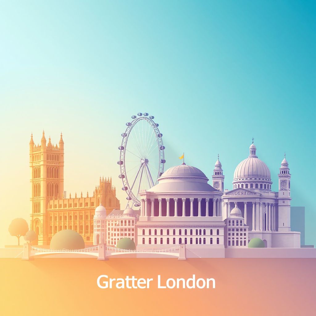 Ultra-high-definition gradient illustration style Greater London illustration, showing the unique charm of the Tower of London, the London Eye, and the British Museum.