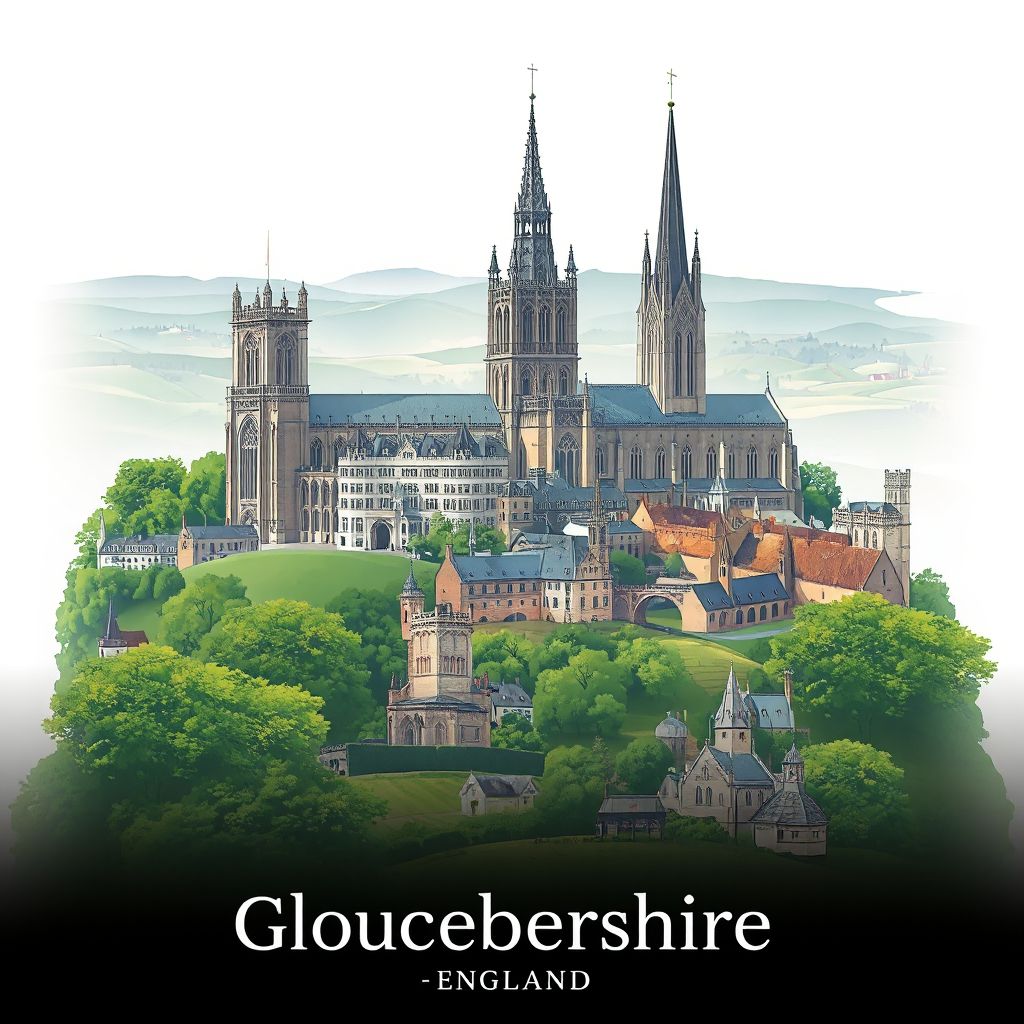 Ultra-high-definition gradient illustration style Gloucestershire artwork, featuring Gloucester Cathedral, historic docks, and the Cotswolds' rolling hills.
