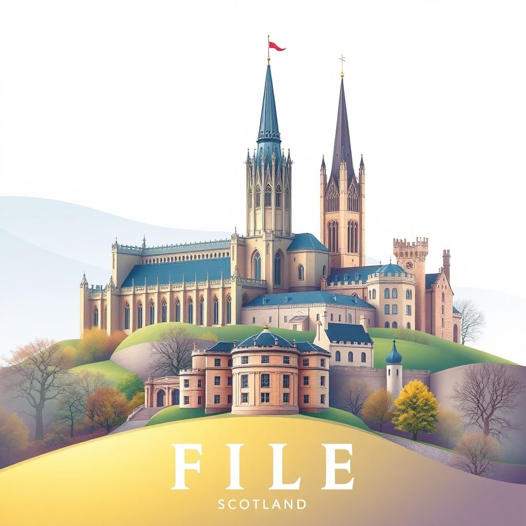 Ultra-high-definition gradient illustration style Fife illustration, showing the unique charm of St. Andrews Cathedral and Falkland Palace.