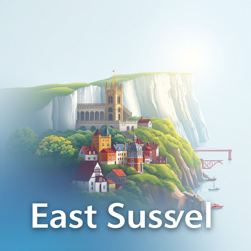 Ultra-high-definition gradient illustration style East Sussex illustration, showing the unique charm of the Seven Sisters cliffs, Battle Abbey, and the historic town of Rye.