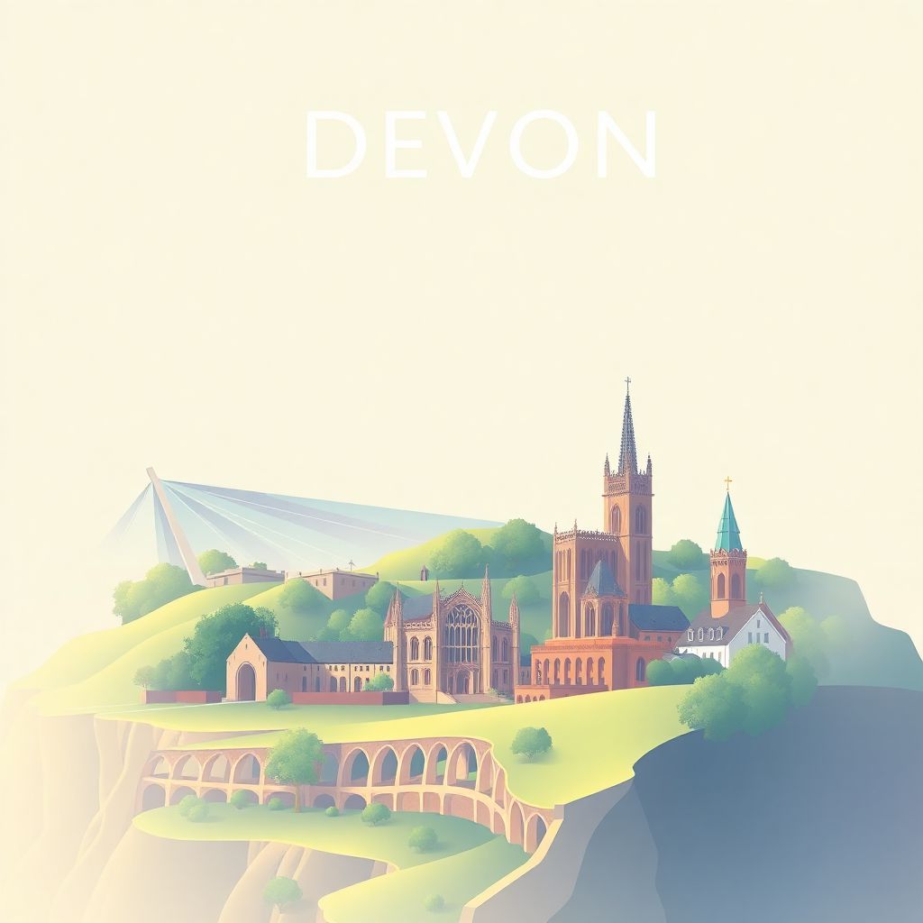 Ultra-high-definition gradient illustration style Devon illustration, showing the unique charm of Dartmoor National Park, Exmoor National Park, and Exeter Cathedral.