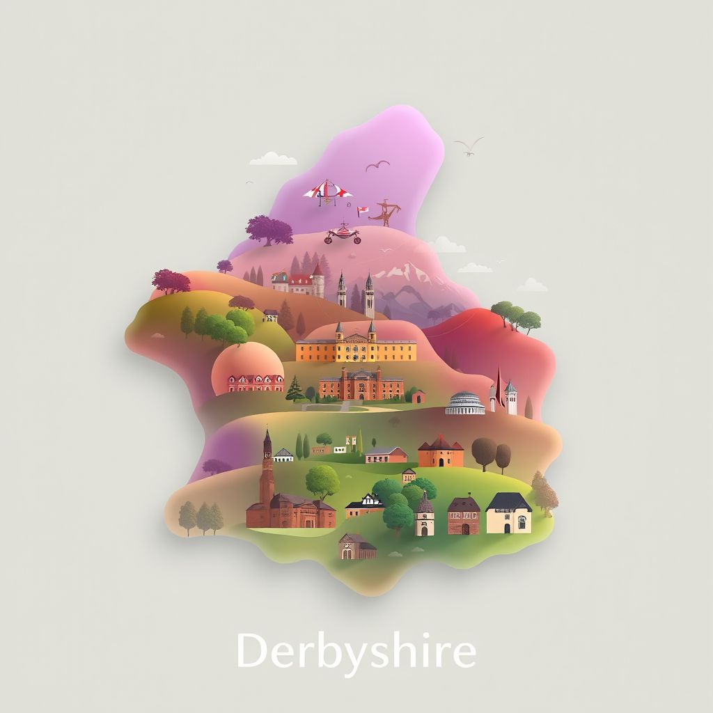 Ultra-high-definition gradient illustration of Derbyshire, featuring Chatsworth House, Derbyshire Dales, and the Bakewell tart.