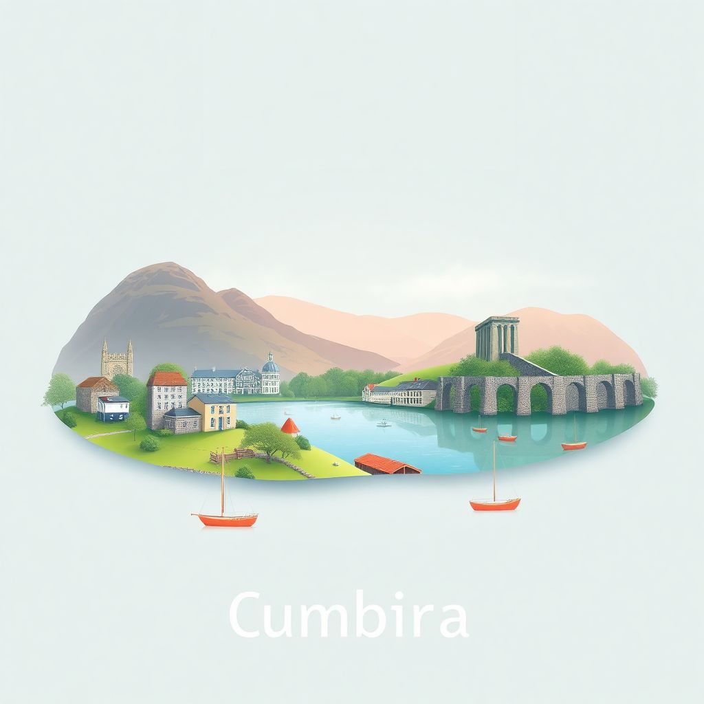 Ultra-high-definition gradient illustration style Cumbria illustration, showing the unique charm of Lake District, Hadrian's Wall and Kendal Mint Cake.