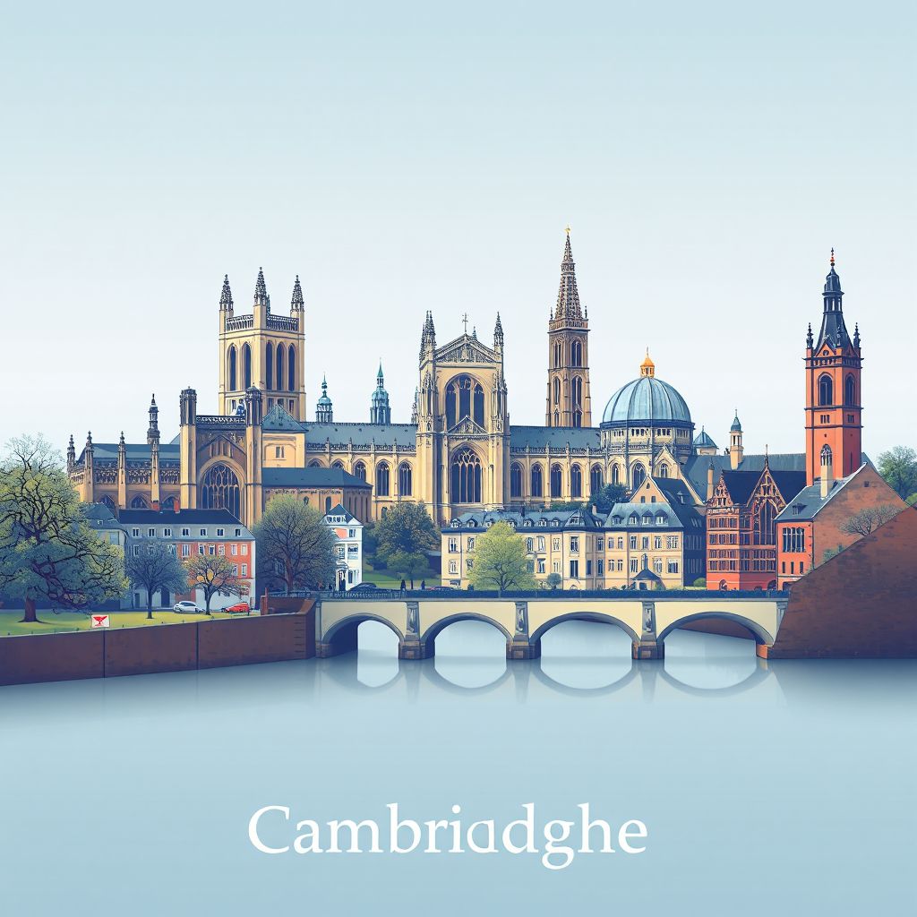 Ultra-high-definition gradient illustration style Cambridgeshire illustration, showing the unique charm of the University of Cambridge, King's College Chapel, and the River Cam.