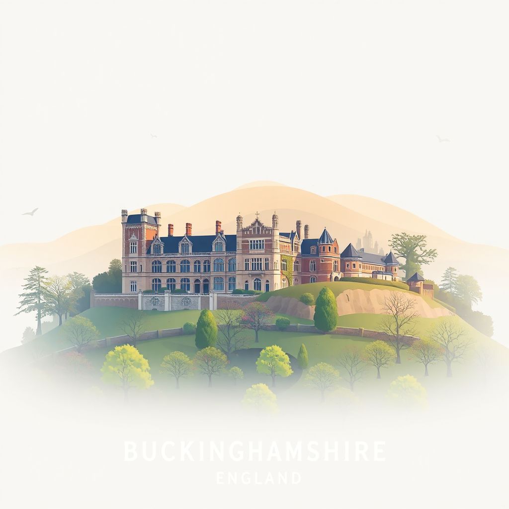 Ultra-high-definition gradient illustration style Buckinghamshire illustration, showing the unique charm of Waddesdon Manor, Hughenden Manor, and the Chiltern Hills.