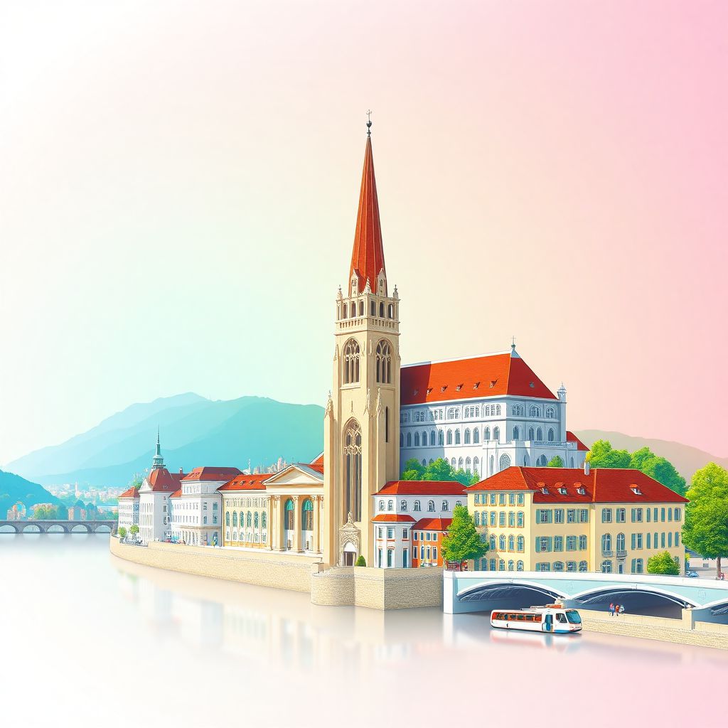 Ultra-high-definition gradient illustration style Zurich illustration, showing the unique charm of the Grossmunster and Fraumunster churches, the Bahnhofstrasse, and the Zurich Lake.