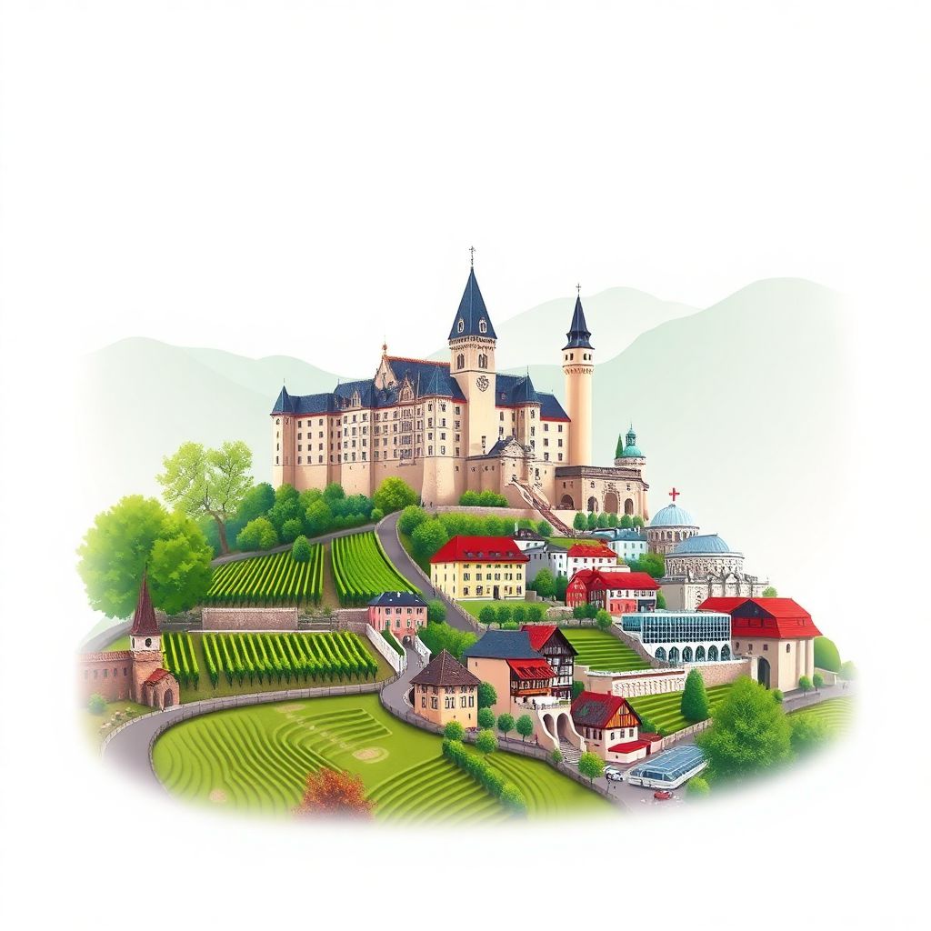 Ultra-high-definition gradient illustration style Canton de Vaud illustration, featuring Chillon Castle, Lavaux Vineyard Terraces, Olympic Museum.