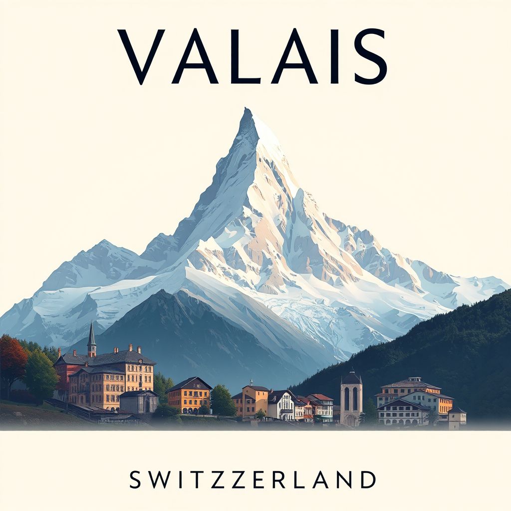 Ultra-high-definition gradient illustration of Valais, Switzerland, featuring the Matterhorn, Aletsch Glacier, and Zermatt.