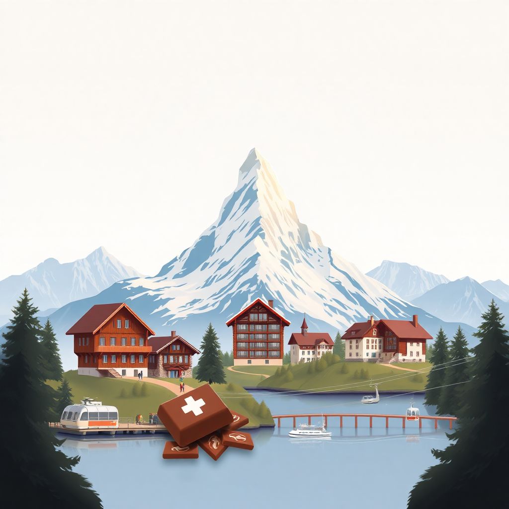 Ultra-high-definition gradient illustration style Swiss illustration, featuring the Matterhorn, Swiss Alps, and traditional chalets