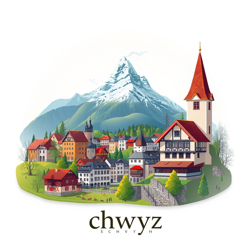 Ultra-high-definition gradient illustration style Schwyz illustration, showing the unique charm of the Rigi Mountain, the Old Town, and the Ital Reding House.