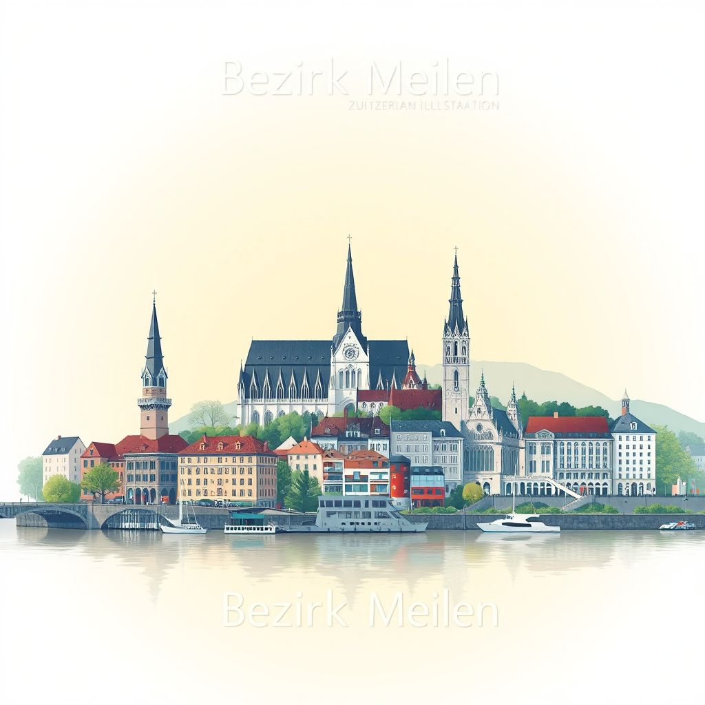 Ultra-high-definition gradient illustration of Bezirk Meilen, Zurich, Switzerland, featuring Fraumünster Church, Grossmünster, and Lake Zurich.