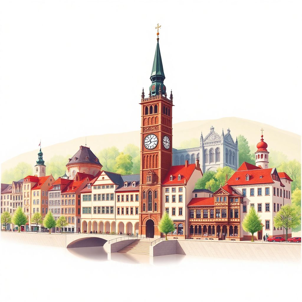 Ultra-high-definition gradient illustration style Bern illustration, showing the unique charm of the Zytglogge clock tower, the Bear Park, and the Old City of Bern.