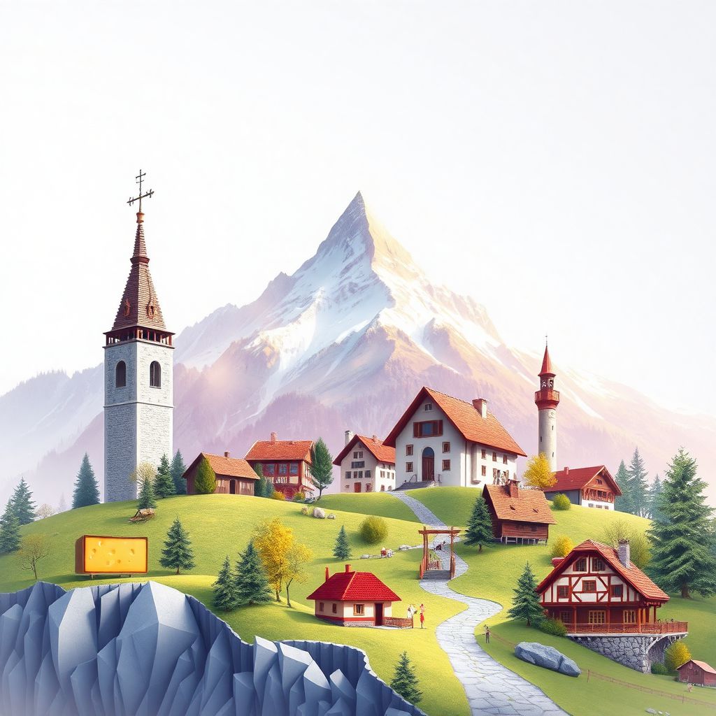 Ultra-high-definition gradient illustration of Kanton Appenzell Ausserrhoden, featuring the Hoher Kasten mountain, Appenzeller folk costumes, and Appenzeller cheese.