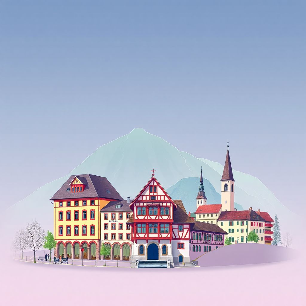 Ultra-high-definition gradient illustration style Appenzell Innerrhoden, Switzerland illustration, showing the unique charm of the Landsgemeindeplatz and Berggasthaus Aescher-Wildkirchli.
