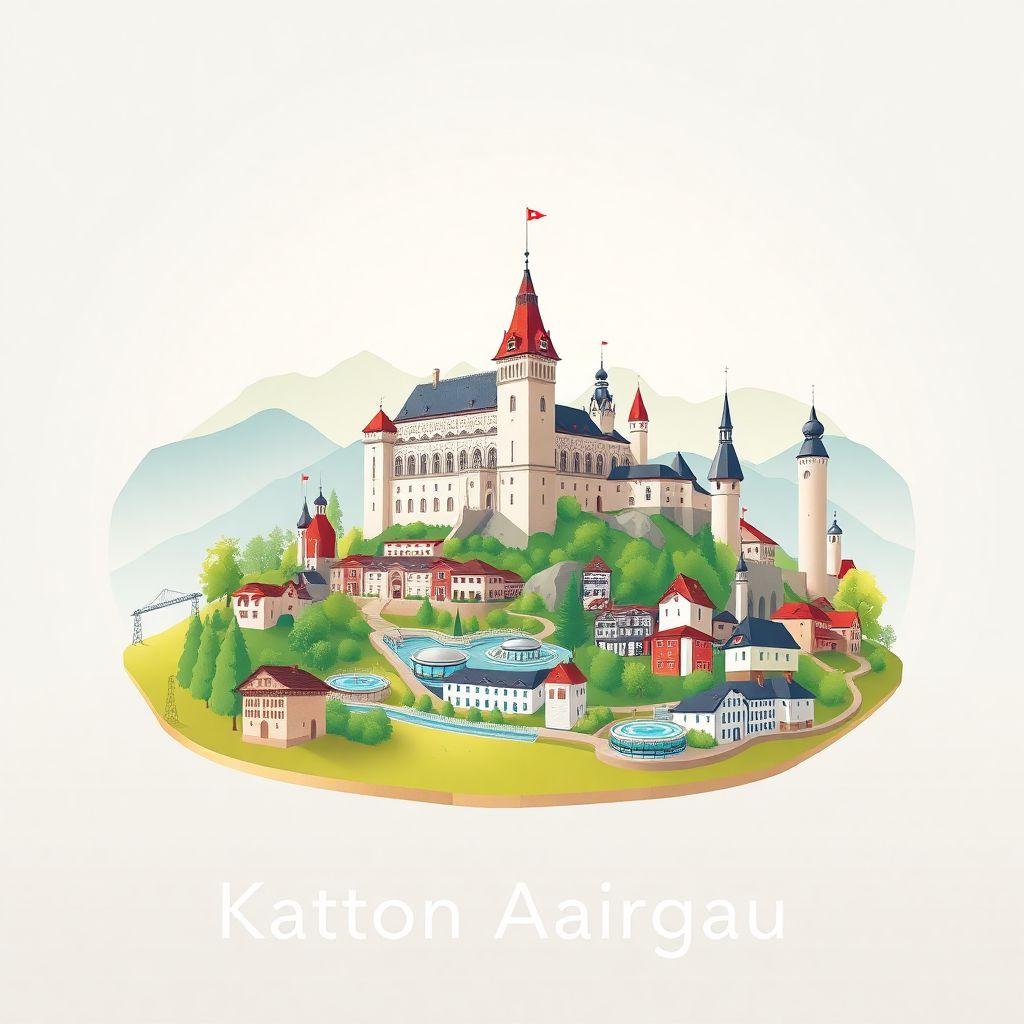 Ultra-high-definition gradient illustration style Kanton Aargau illustration, showing the unique charm of the Habsburg Castle and the Baden hot springs.
