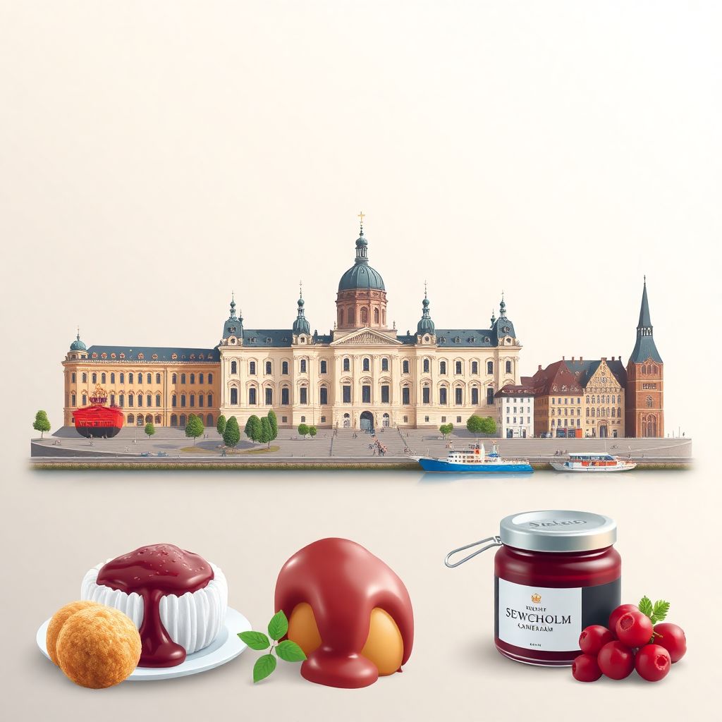 Ultra-high-definition gradient illustration style Swedish illustration, featuring the Royal Palace of Stockholm and the Vasa Museum