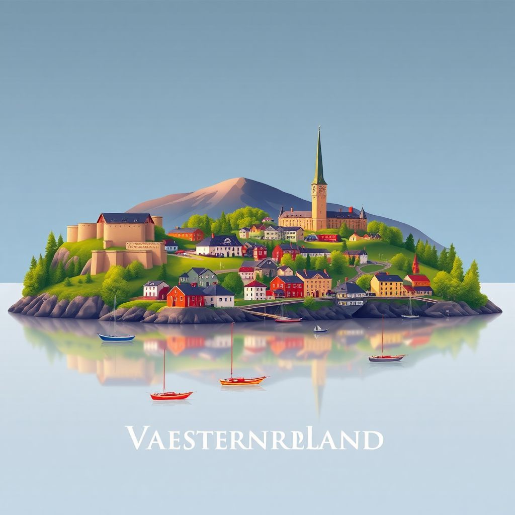 Ultra-high-definition gradient illustration of Vaesternorrland County, Sweden, featuring the High Coast, Härnösand, Viking history, and fermented herring.