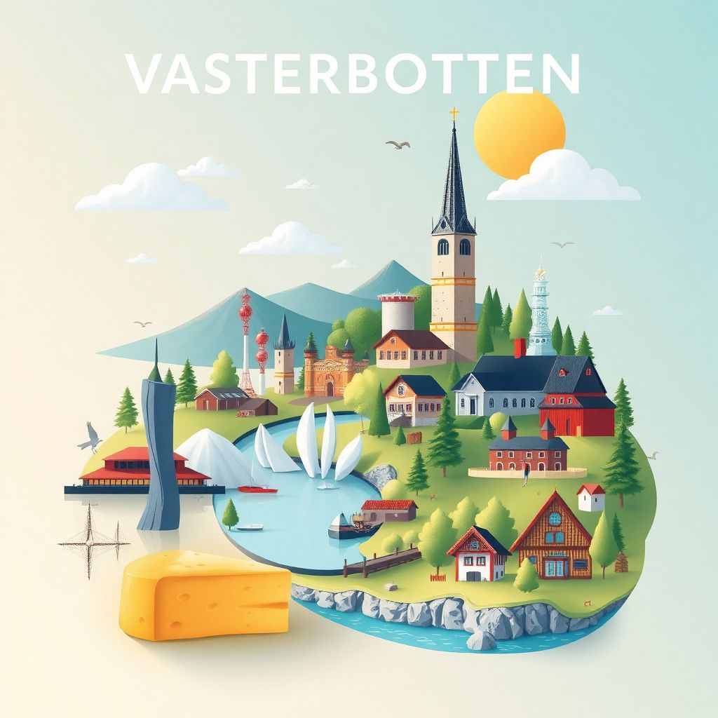Ultra-high-definition gradient illustration style Vaesterbotten County illustration, featuring the High Coast, Umea Sculpture Park, and Vasterbotten cheese.