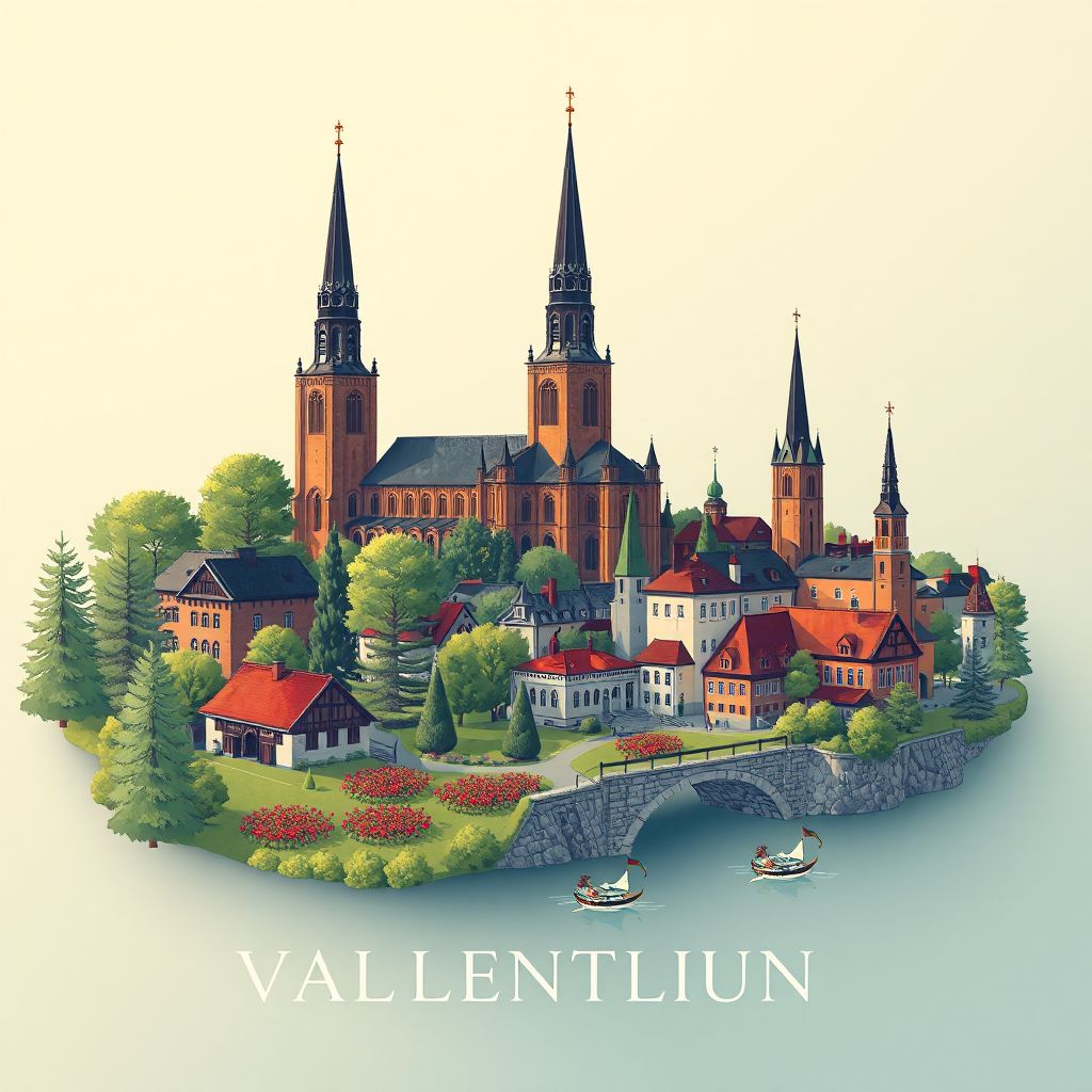 Ultra-high-definition gradient illustration style Vallentuna Kommun illustration, showing the unique charm of Vallentuna Kyrka, Karby Gard, and Viking heritage.