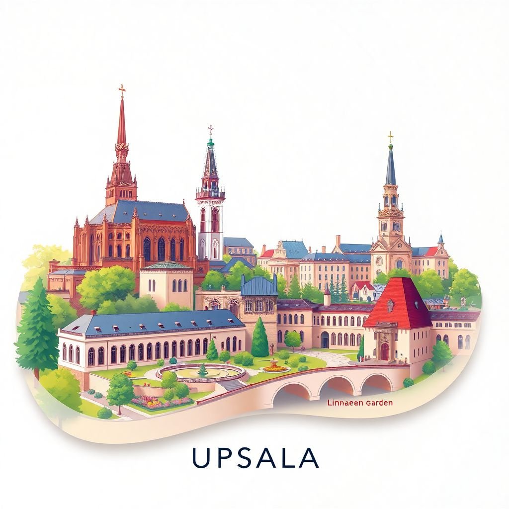 Ultra-high-definition gradient illustration style Uppsala illustration, showing the unique charm of Uppsala Cathedral, Uppsala Castle and the Linnaean Garden.