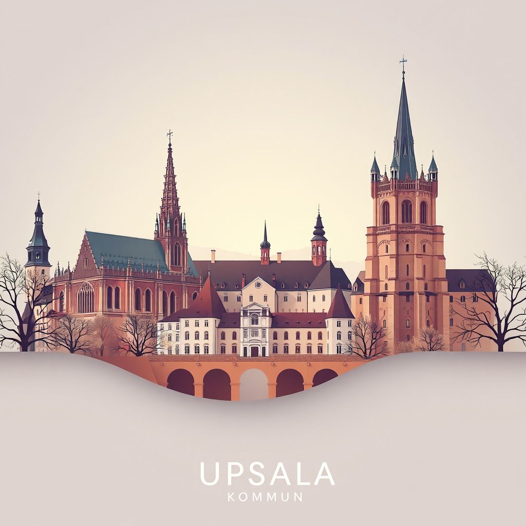 Ultra-high-definition gradient illustration style of Uppsala Kommun, Uppsala, Sweden, featuring Uppsala Cathedral and Uppsala Castle.