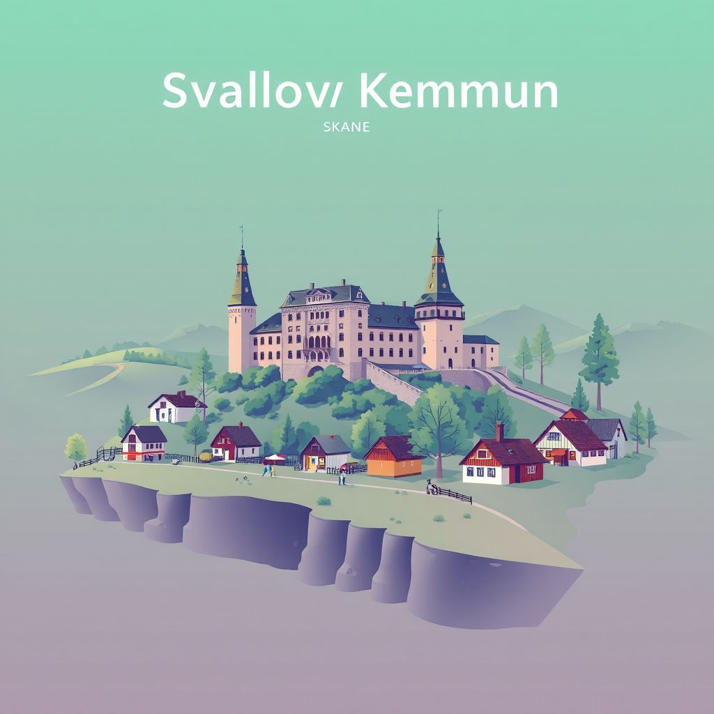 Ultra-high-definition gradient illustration style Svalovs Kommun illustration, showing the unique charm of Svalov Castle, picturesque countryside, and traditional Swedish cottages.