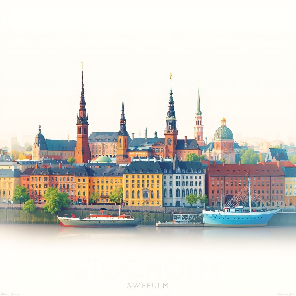 Ultra-high-definition gradient illustration style Stockholm illustration, showing the unique charm of Gamla Stan, the Royal Palace, and the Vasa Museum.