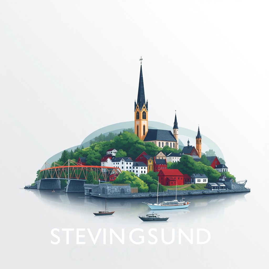 Ultra-high-definition gradient illustration style Stenungsunds Kommun illustration, showing the unique charm of the Stenungsund Bridge, the historic Stenungsund Church, and the Stenungsund Archipelago.