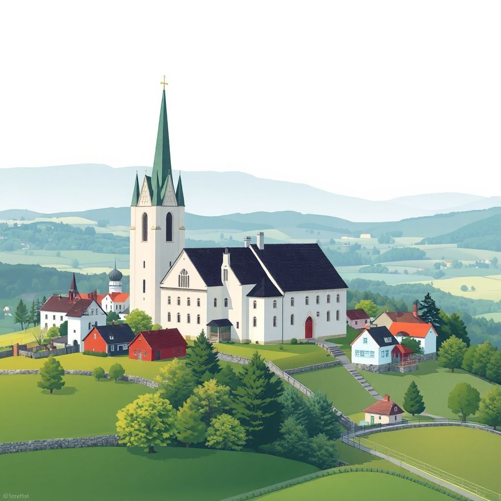 Gradient illustration style of Staffanstorps Kommun, featuring the Staffanstorp Church and countryside.