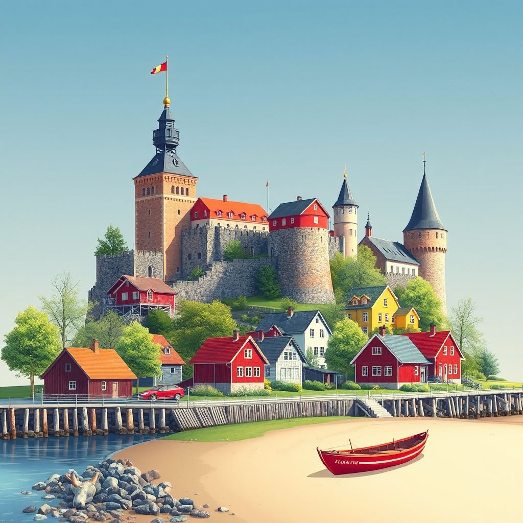Ultra-high-definition gradient illustration of Soederhamns Kommun, Gaevleborg, Sweden, featuring Oskarsborg Fortress, Ljusne Beach, red wooden houses, and Moose sculpture.