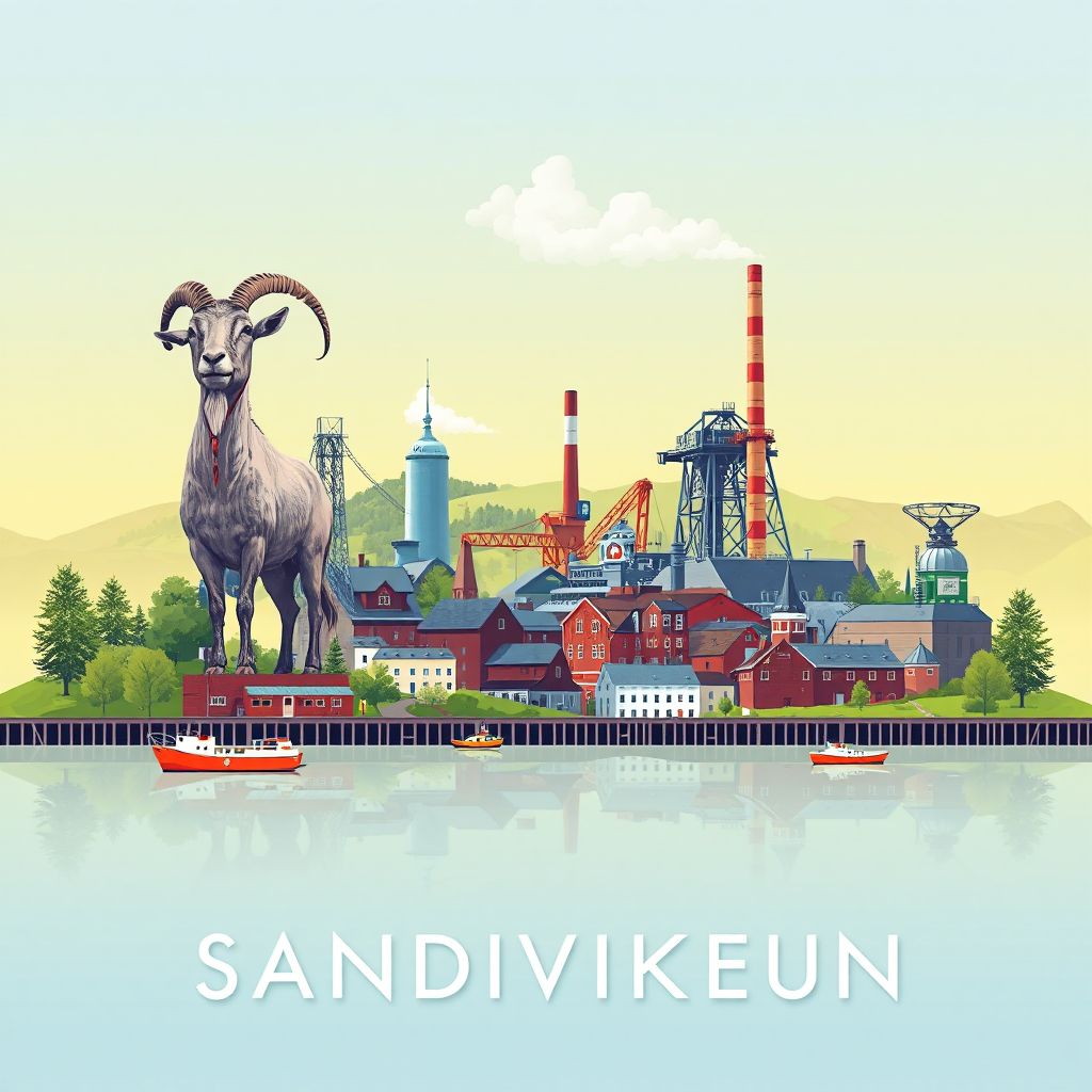 Ultra-high-definition gradient illustration of Sandvikens Kommun, Gaevleborg, Sweden, featuring the Gävle Goat, Sandviken Steelworks, and scenic landscapes.