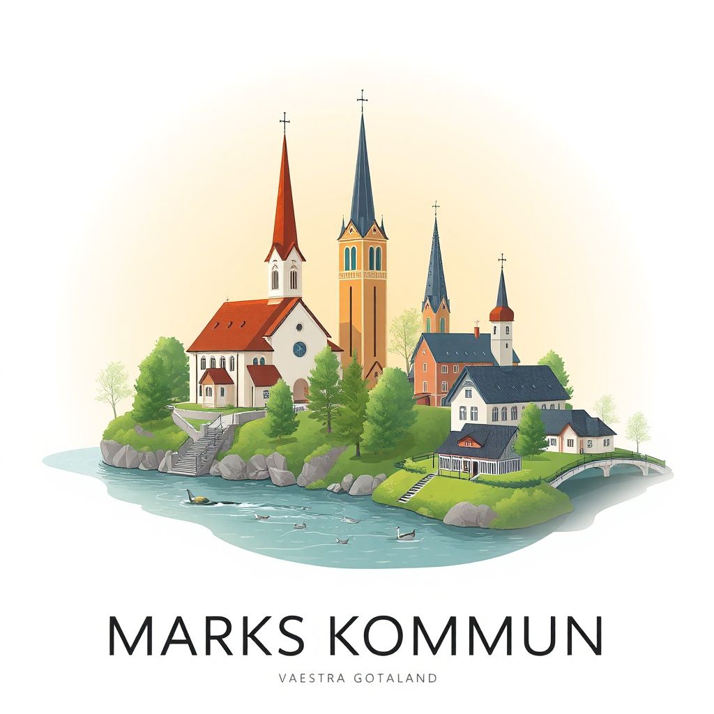 Ultra-high-definition gradient illustration of Marks Kommun, featuring Kinna Church, Ätran River, and Skene Church.