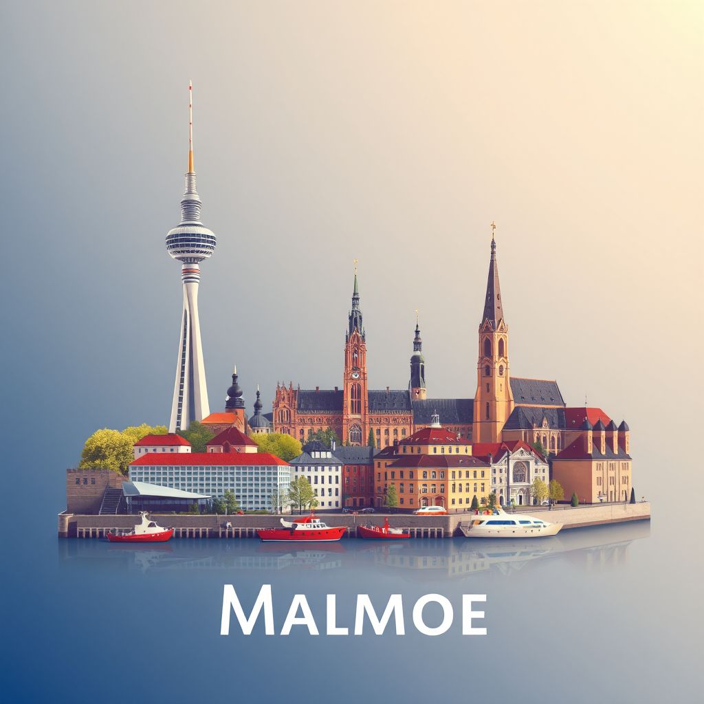 Ultra-high-definition gradient illustration style Malmoe illustration, showing the unique charm of the Turning Torso, Malmoe Castle, and St. Petri Church.